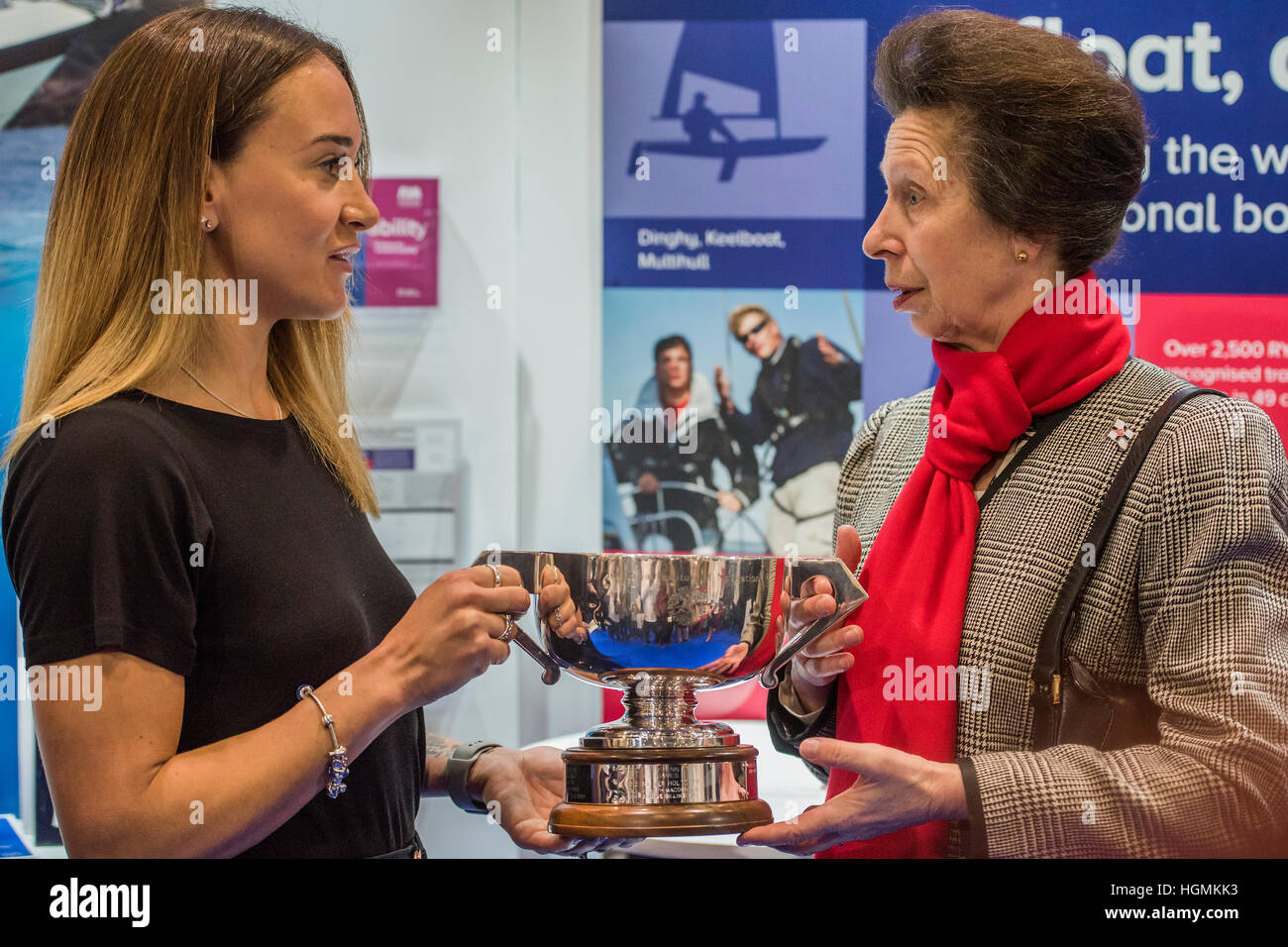 London, UK. 11th January 2017. Princess anne on the RYA stand to give the Yachtmaster of the Year award to Zara Roberts, aged 30 (pictured) - HRH The Princess Royal, Princess Anne, And her husband Vice Admiral Tim Laurence, tour the London Boat Show 2017 at the Excel Centre. Credit: Guy Bell/Alamy Live News Stock Photo