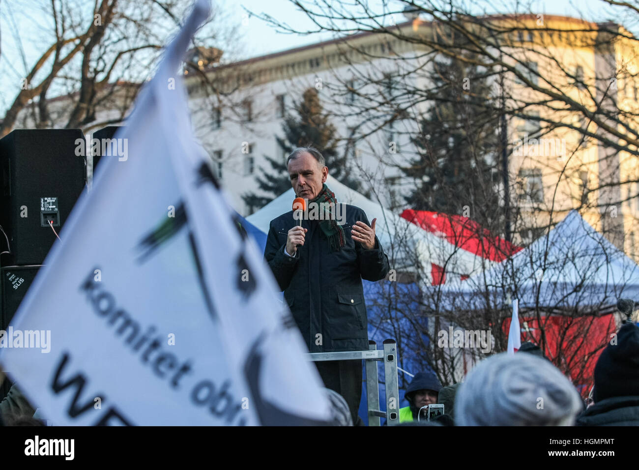 Warsaw, Poland 11th, Jan. 2017 Bogdan Klich - Senate member is seen. Committee for Defence of Democracy (KOD) protest outside the Polish Parliament (Sejm). Protesters demand to respect Polish Law by the PiS ruling party Parliament Members and government during the disputed budget bill. Credit: Michal Fludra/Alamy Live News Stock Photo