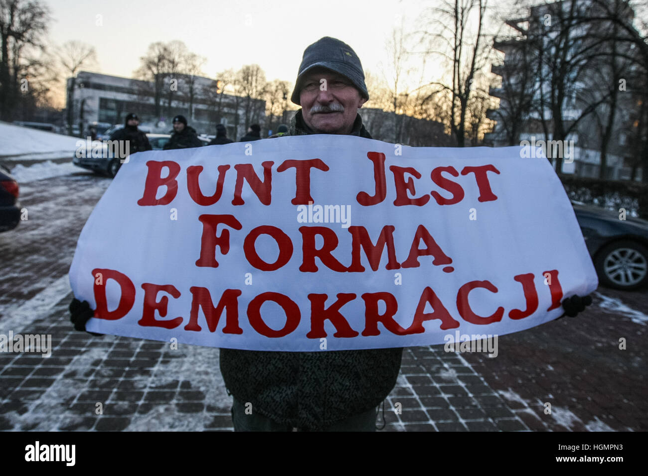 Warsaw, Poland 11th, Jan. 2017 Committee for Defence of Democracy (KOD) protest outside the Polish Parliament (Sejm). Protesters demand to respect Polish Law by the PiS ruling party Parliament Members and government during the disputed budget bill. Credit: Michal Fludra/Alamy Live News Stock Photo