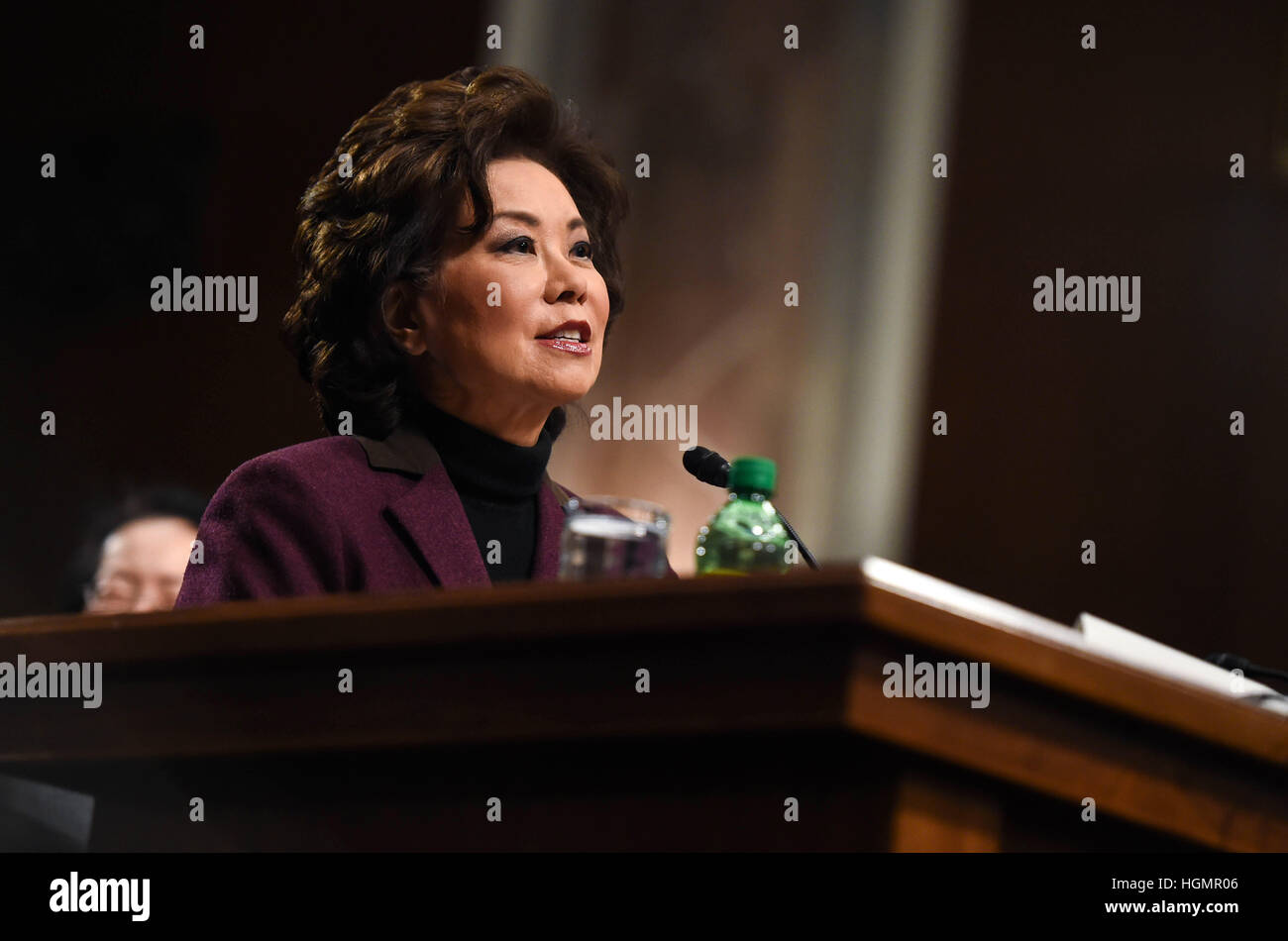 Washington, USA. 11th Jan, 2017. Elaine Chao testifies before the U.S. Senate Commerce, Science, and Transportation Committee during the confirmation hearing on her nomination to be Secretary of Transportation at Capitol Hill in Washington, DC, the United States. Trump's nominee to run the U.S. Department of Transportation Elaine Chao had her confirmation hearing on Wednesday. Chao was Deputy Secretary of Transportation under former Republican President George H.W. Bush, and Labor Secretary under George W. Bush. Credit: Bao Dandan/Xinhua/Alamy Live News Stock Photo