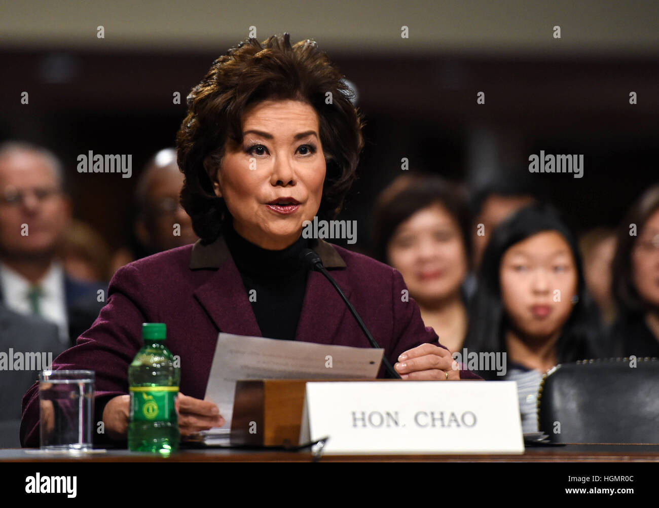 Washington, USA. 11th Jan, 2017. Elaine Chao testifies before the U.S. Senate Commerce, Science, and Transportation Committee during the confirmation hearing on her nomination to be Secretary of Transportation at Capitol Hill in Washington, DC, the United States. Trump's nominee to run the U.S. Department of Transportation Elaine Chao had her confirmation hearing on Wednesday. Chao was Deputy Secretary of Transportation under former Republican President George H.W. Bush, and Labor Secretary under George W. Bush. Credit: Bao Dandan/Xinhua/Alamy Live News Stock Photo