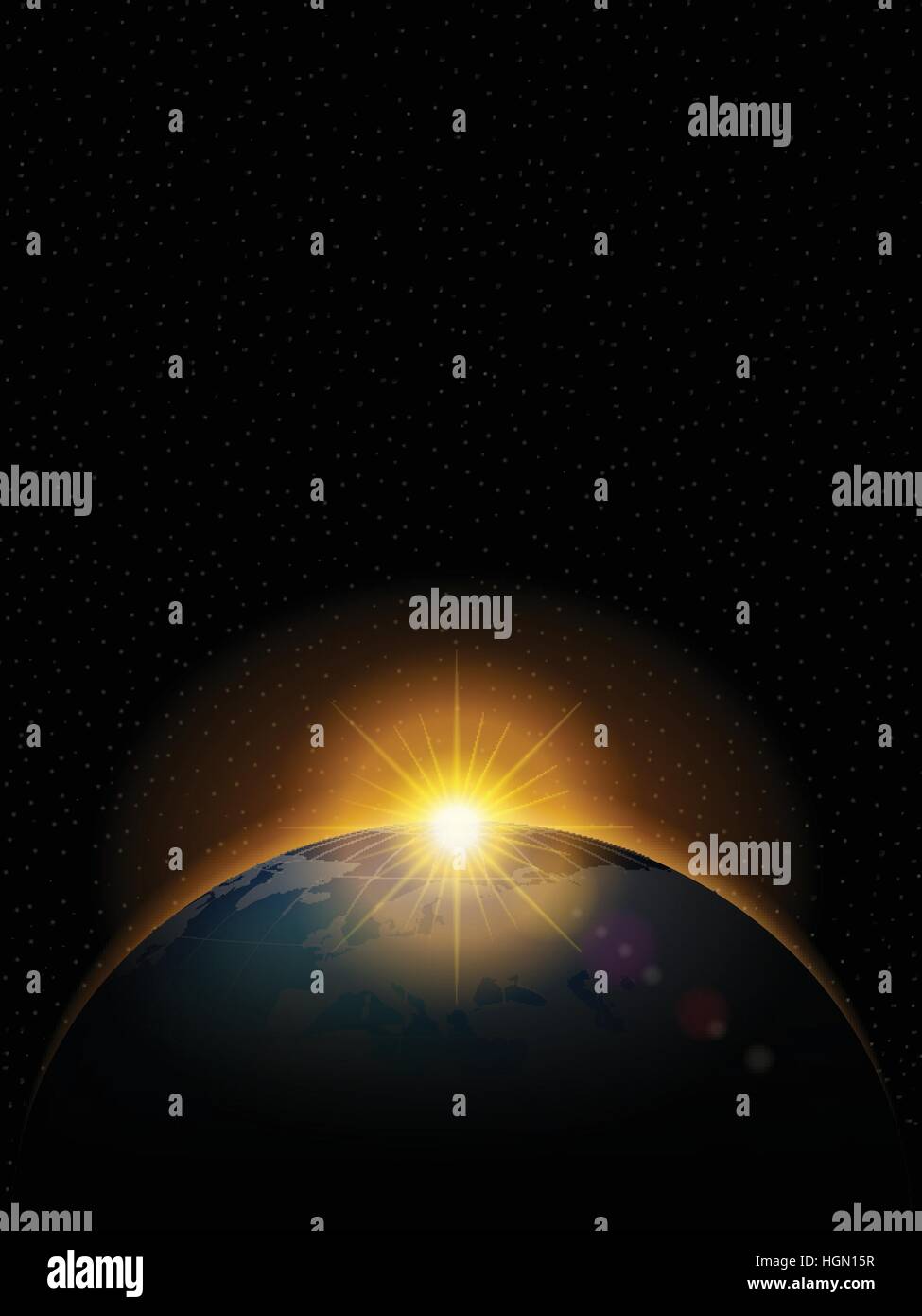 Planet with shiny sunrise in black space. Stock Vector