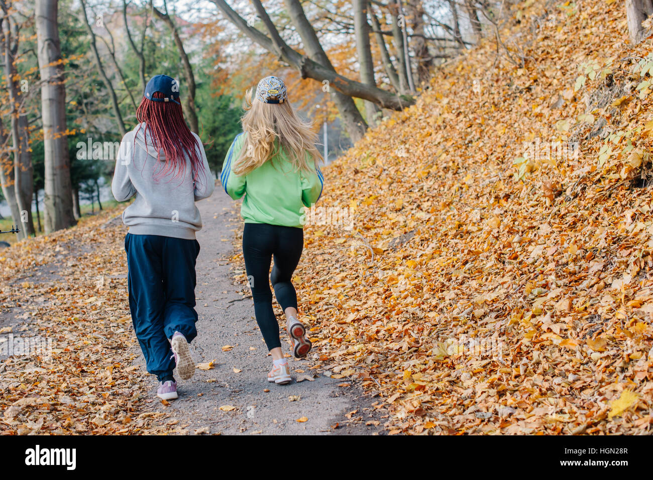 Blonde and african sportswomen jogging in autumn park. Yellow leaves. Stock Photo
