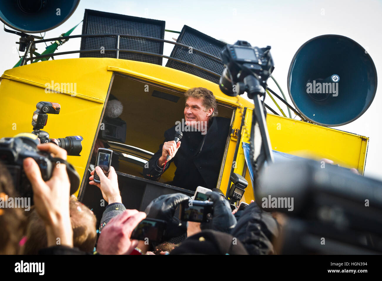 David Hasselhoff visits Berlin in 2013 to protest the demolition of a section of one of the remaining parts of the Berlin Wall. Stock Photo