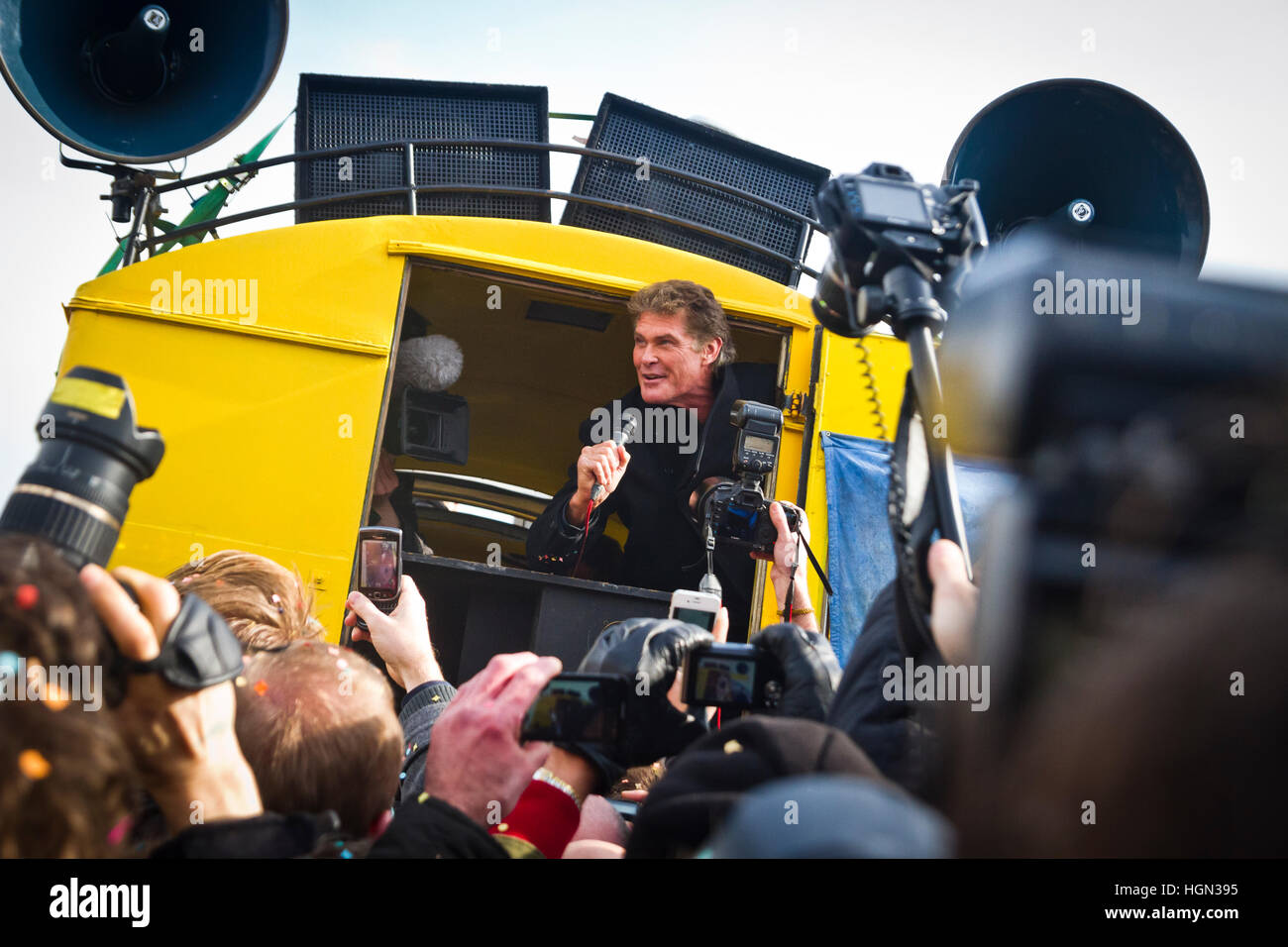 David Hasselhoff visits Berlin in 2013 to protest the demolition of a section of one of the remaining parts of the Berlin Wall. Stock Photo