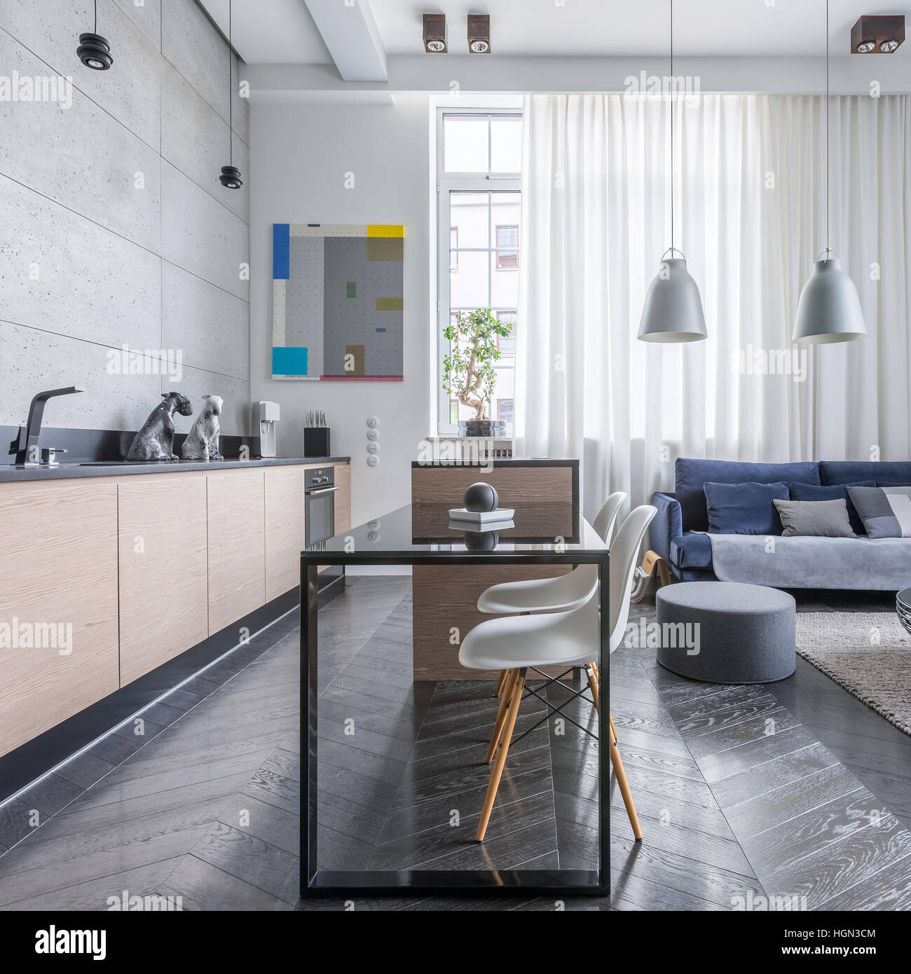Modern apartment with living room and open kitchen Stock Photo - Alamy