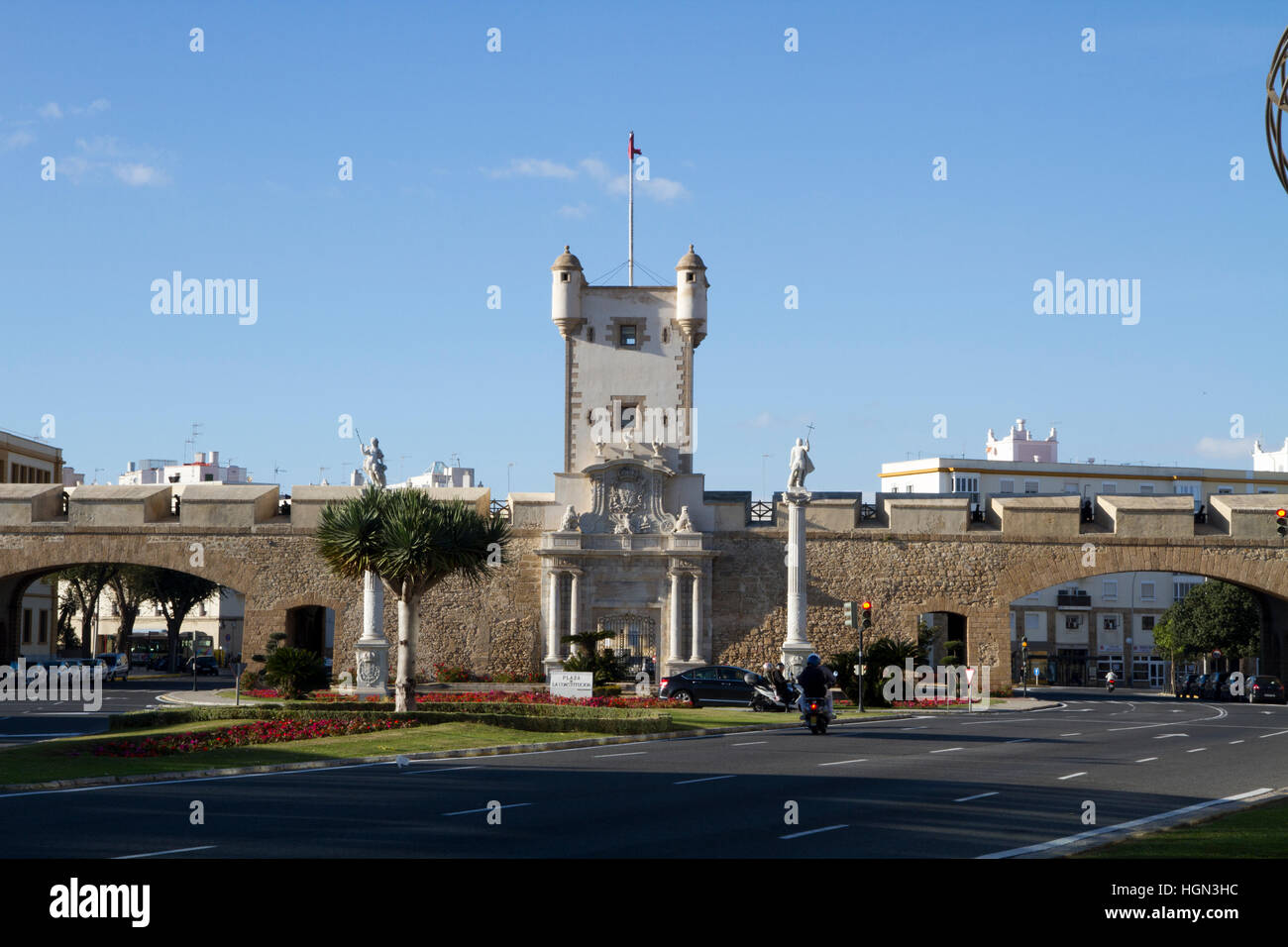 Cadiz Andalusia, south west Spain Puerta de Tierra, main City gate and ancient city wall. Stock Photo