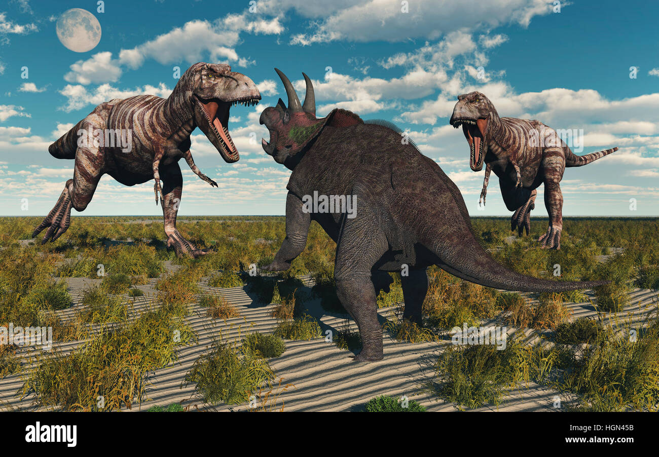 A Pair Of Carnivorous Tyrannosaurus Rex Dinosaurs , Attacking A Lone Herbivore Triceratops. Stock Photo
