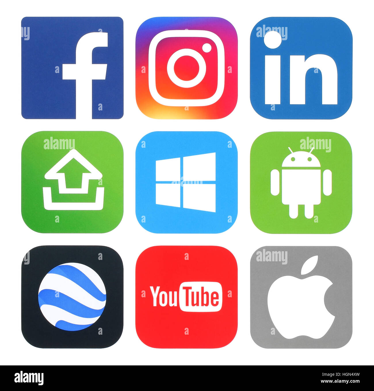 Kiev, Ukraine - May 20, 2016: Collection of popular social media, photo, video, operating system, productivity and travel logos printed on white paper Stock Photo