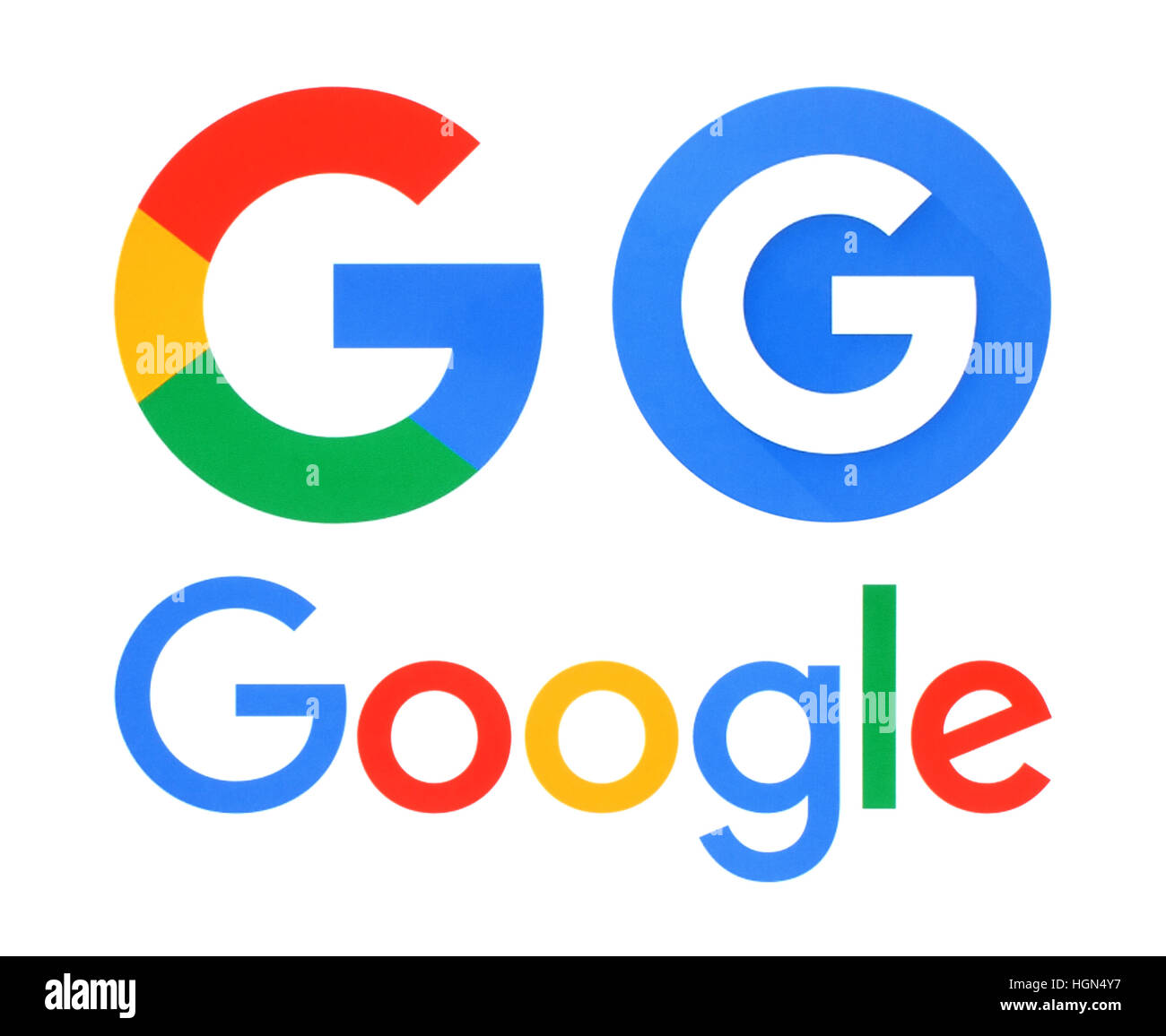 Kiev, Ukraine - May 30, 2016: Collection of Google logos printed on white paper. Google is USA multinational corporation. Stock Photo