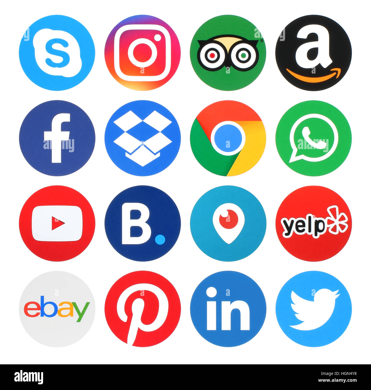 Kiev, Ukraine - May 31, 2016: Collection of popular circle logos printed on paper:Facebook, Twitter, Instagram, Amazon, LinkedIn, Pinterest, Whatsapp, Stock Photo