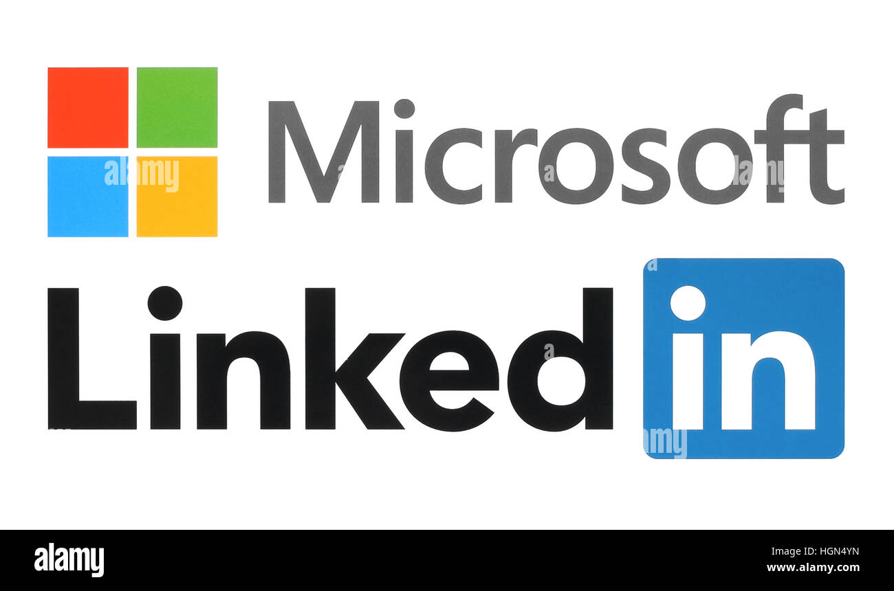 Kiev, Ukraine - June 13, 2015: Microsoft and Linkedin logos printed on white paper. Microsoft buys Linkedin social media. Stock Photo