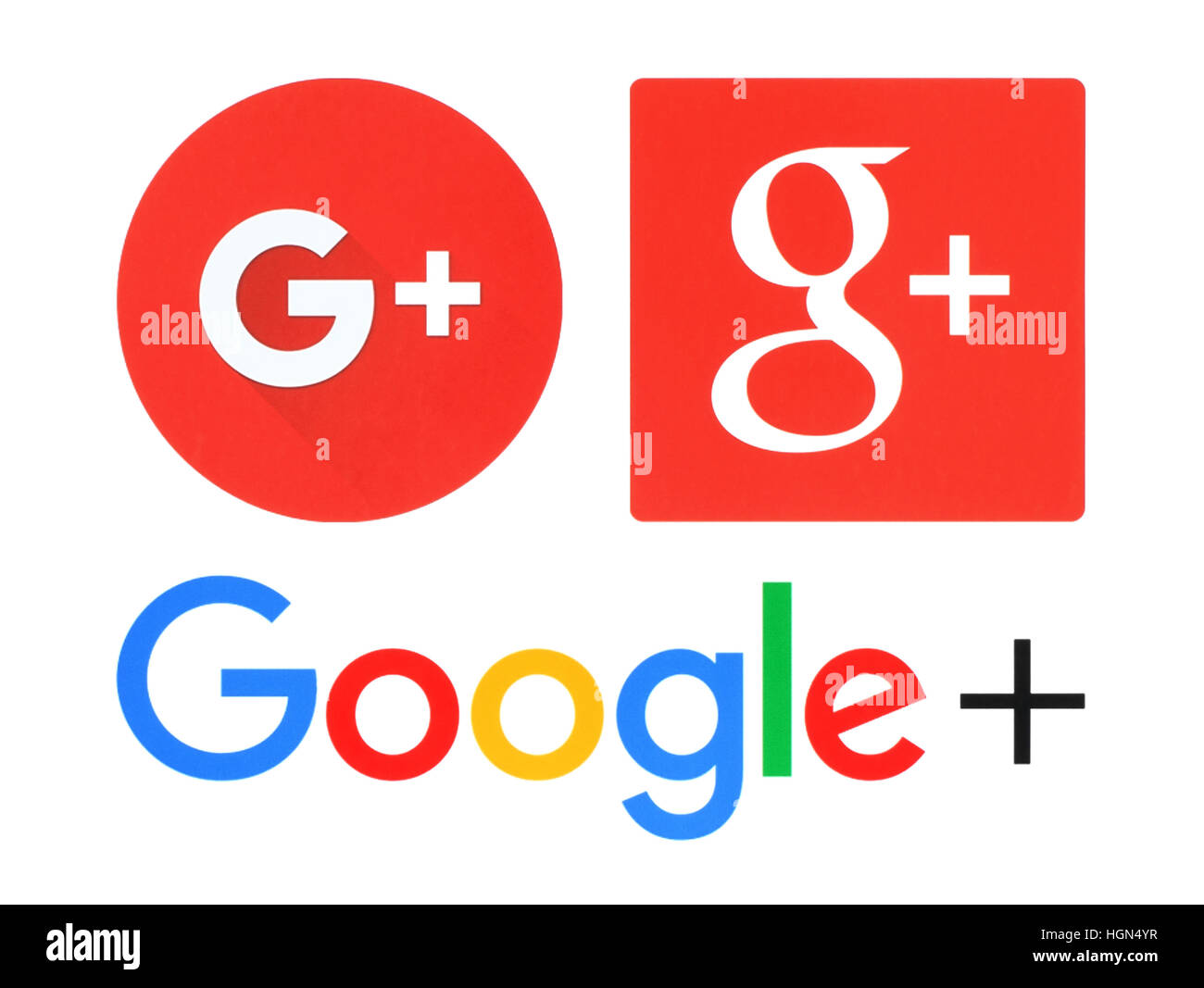 Kiev, Ukraine - June 03, 2016: Collection of popular social media Google plus logos printed on white paper. Google plus is a social network that is ow Stock Photo