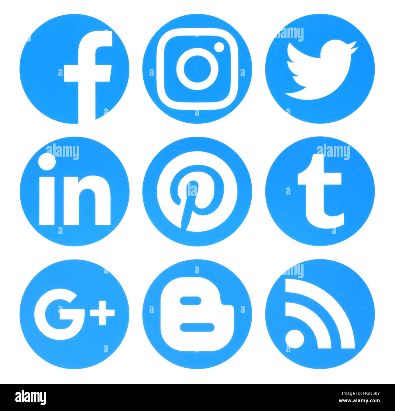 Kiev, Ukraine - August 22, 2016: Collection of popular circle blue social media logos printed on paper:Facebook, Twitter, Google Plus, Instagram, Pint Stock Photo