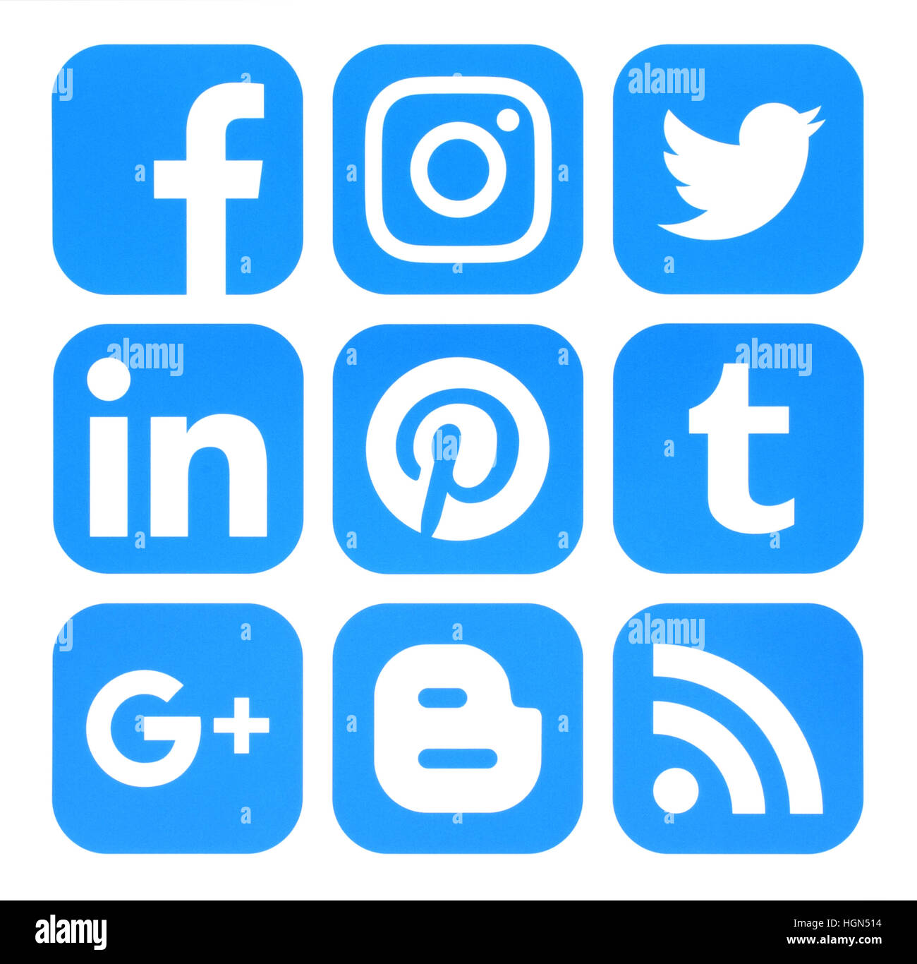 Kiev, Ukraine - August 23, 2016: Collection of popular blue social media icons printed on paper:Facebook, Twitter, Google Plus, Instagram, Pinterest,  Stock Photo