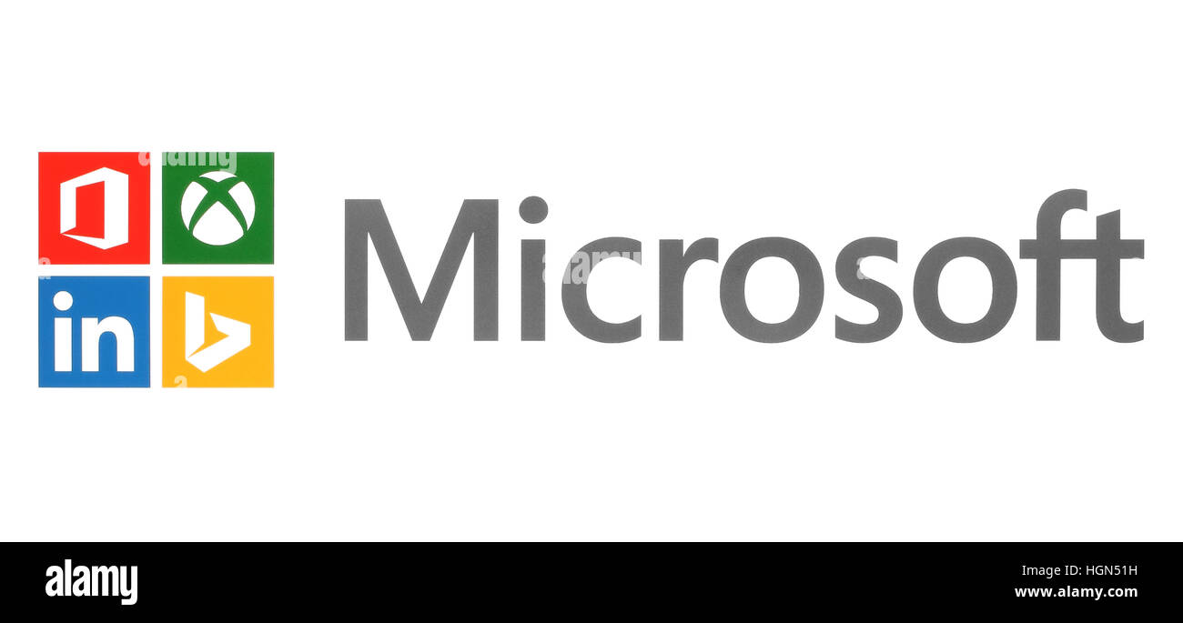 Kiev, Ukraine - September 12, 2016: Microsoft and its own brands logos printed on white paper Stock Photo