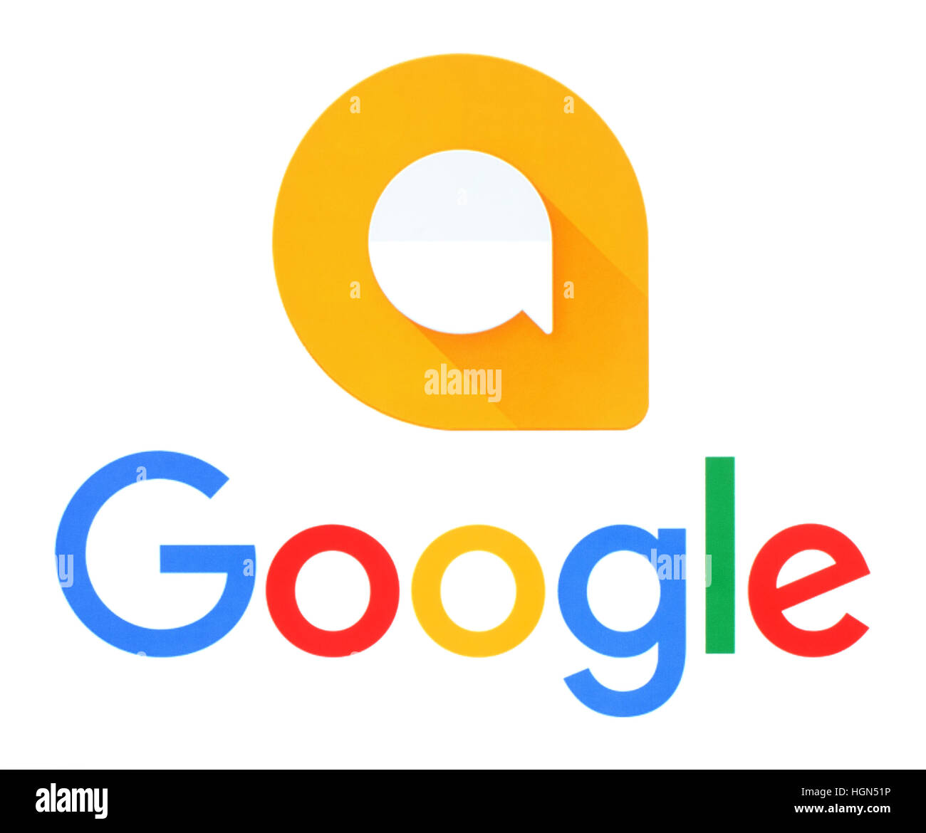 Kiev, Ukraine - September 21, 2016: Google and Allo logos printed on white paper. Allo is an instant messaging mobile app developed by Google Stock Photo
