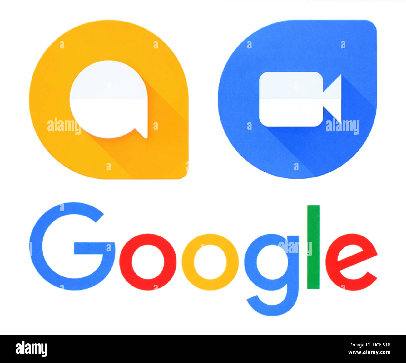 Kiev, Ukraine - September 21, 2016: Google, Allo and Duo logos printed on white paper. Allo is an instant messaging mobile app developed by Google. Du Stock Photo