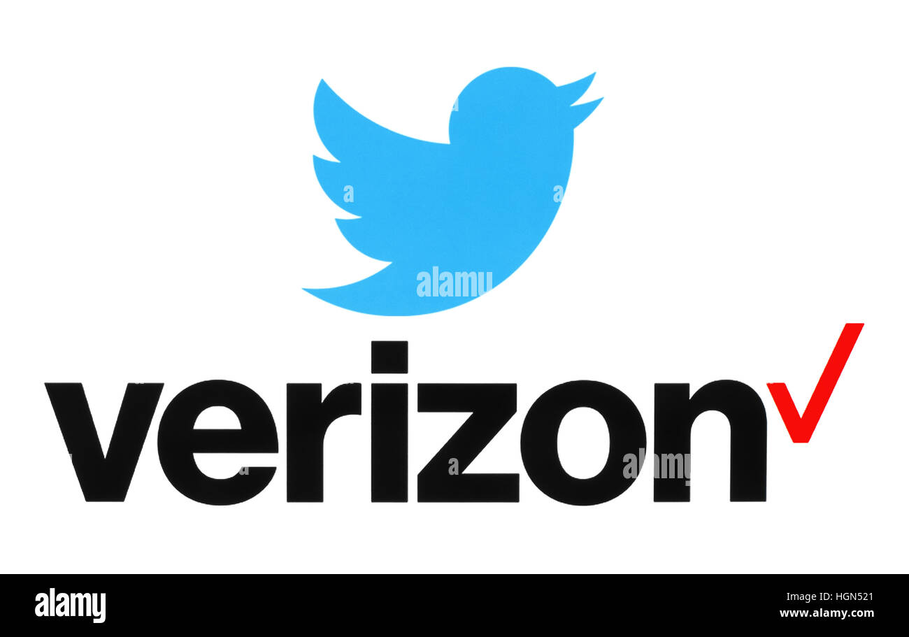 Kiev, Ukraine - September 26, 2016: Collection of popular social media logos printed on paper: Twitter and Verizon Stock Photo