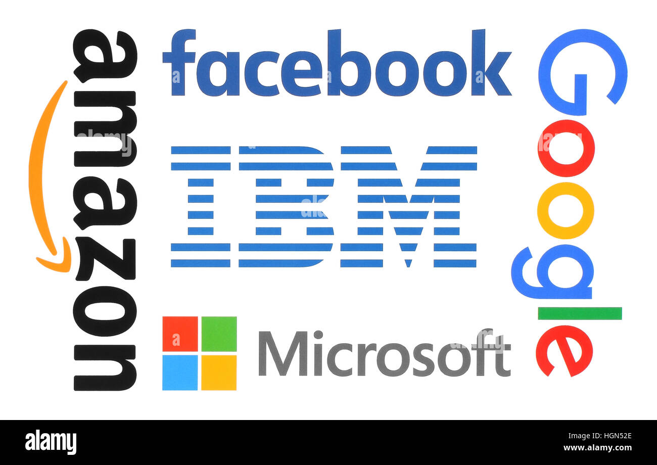 Kiev, Ukraine - September 29, 2016: Collection of popular internet companies logo: IBM, , Facebook, Amazon, Google and Microsoft printed on white pape Stock Photo