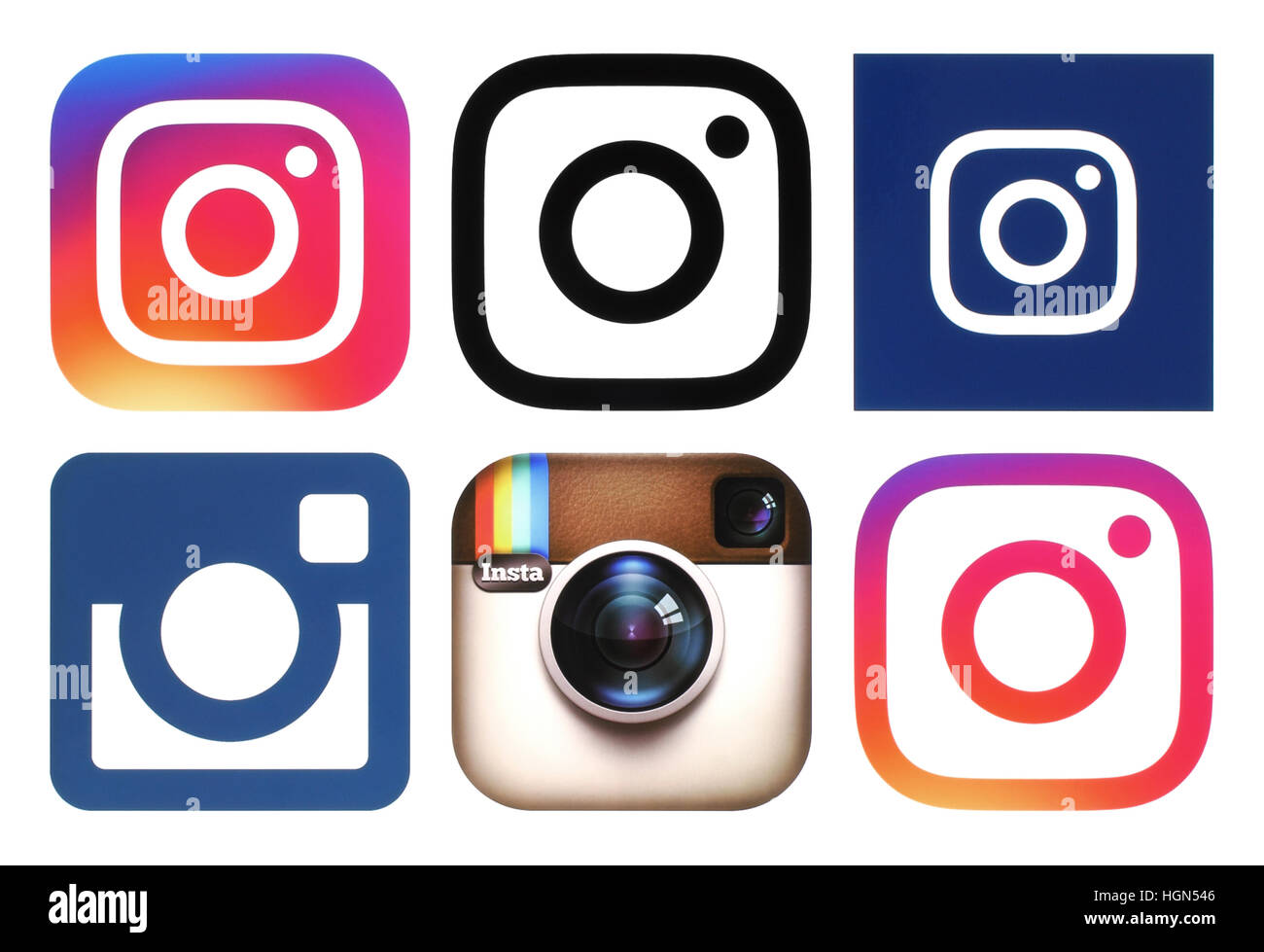 Kiev, Ukraine - November 25, 2016: Instagram logos printed on white paper. Instagram is an online mobile photo-sharing, video-sharing service Stock Photo