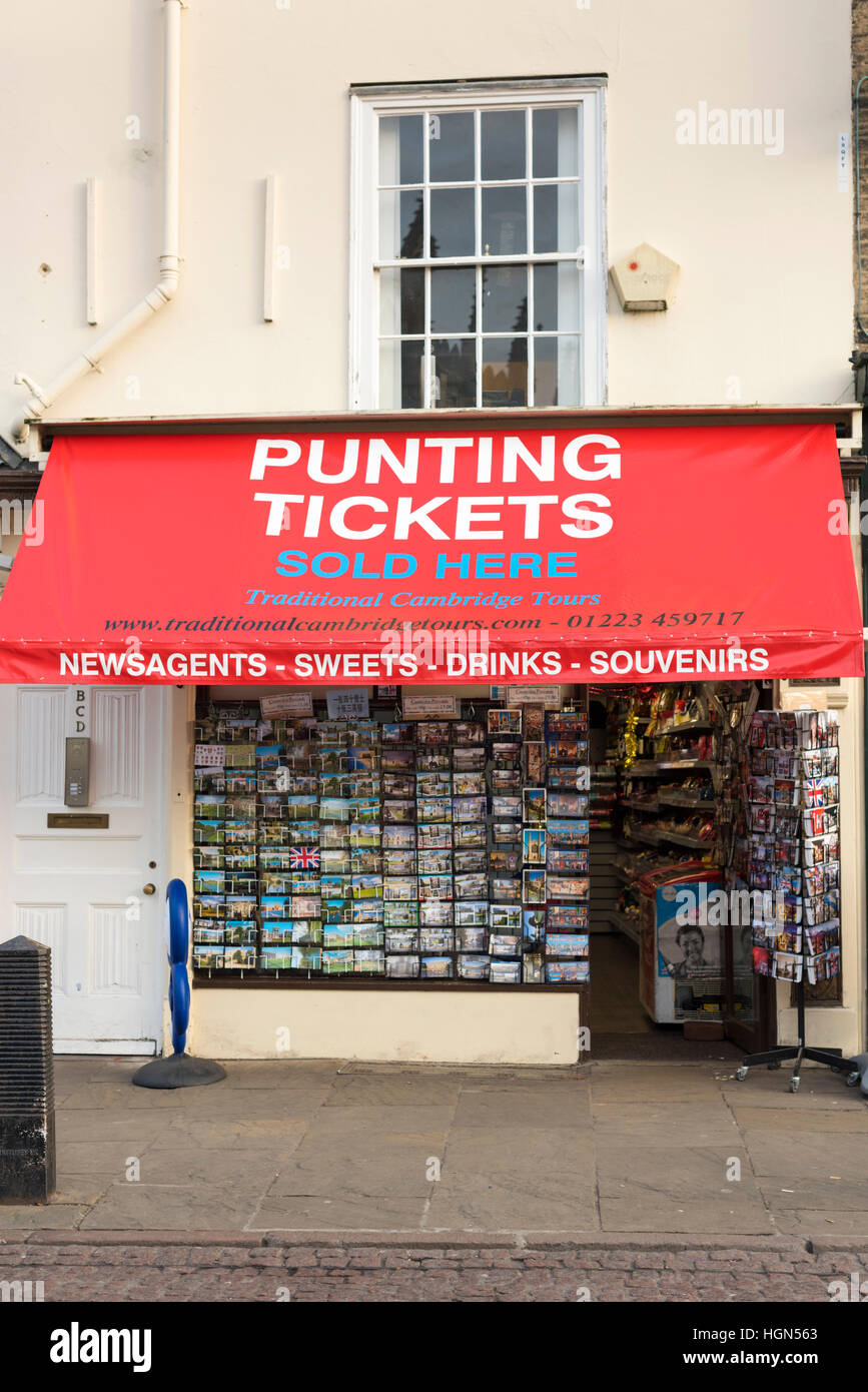 An advert for punting tickets on an awning over a shop in King's Parade Cambridge UK Stock Photo