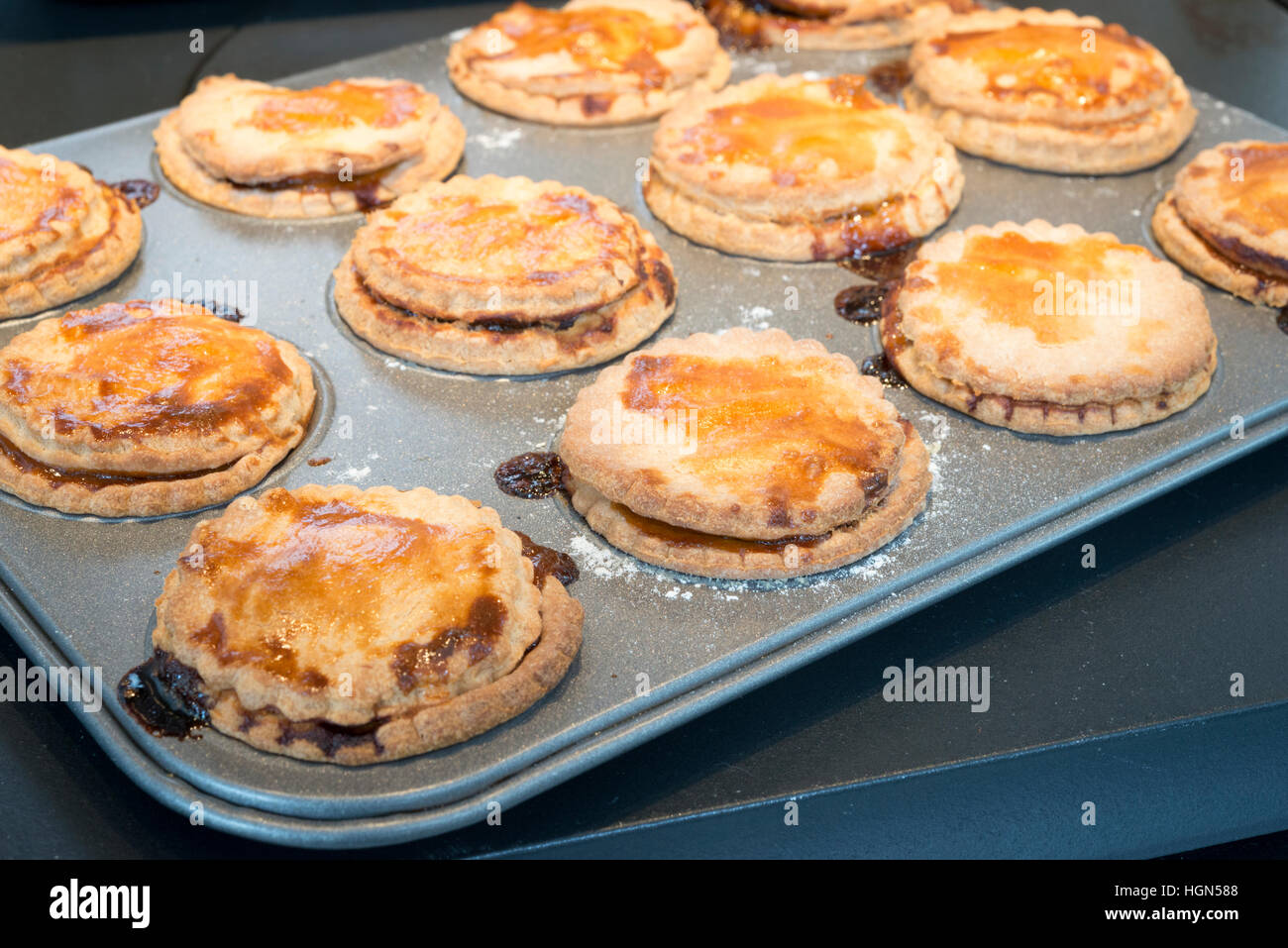 Homemade cooked mince pies. Pastry cases filled with mincemeat just out