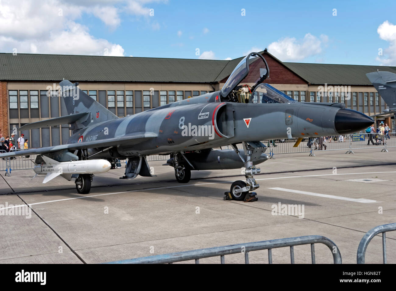 An Exocet AM39 Anti-Ship Missile mounted on a French Navy Dassault-Breguet Super Etendard SEM at the RNAS Yeovilton Air Day 2007 Stock Photo