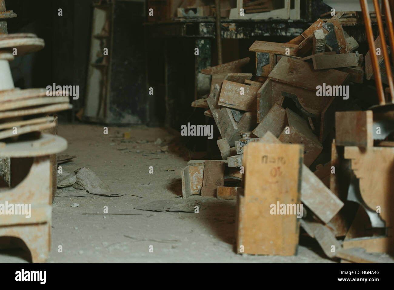 Production Cluttered Factory for Production of plaster molds. cluttered dusty old warehouse ...