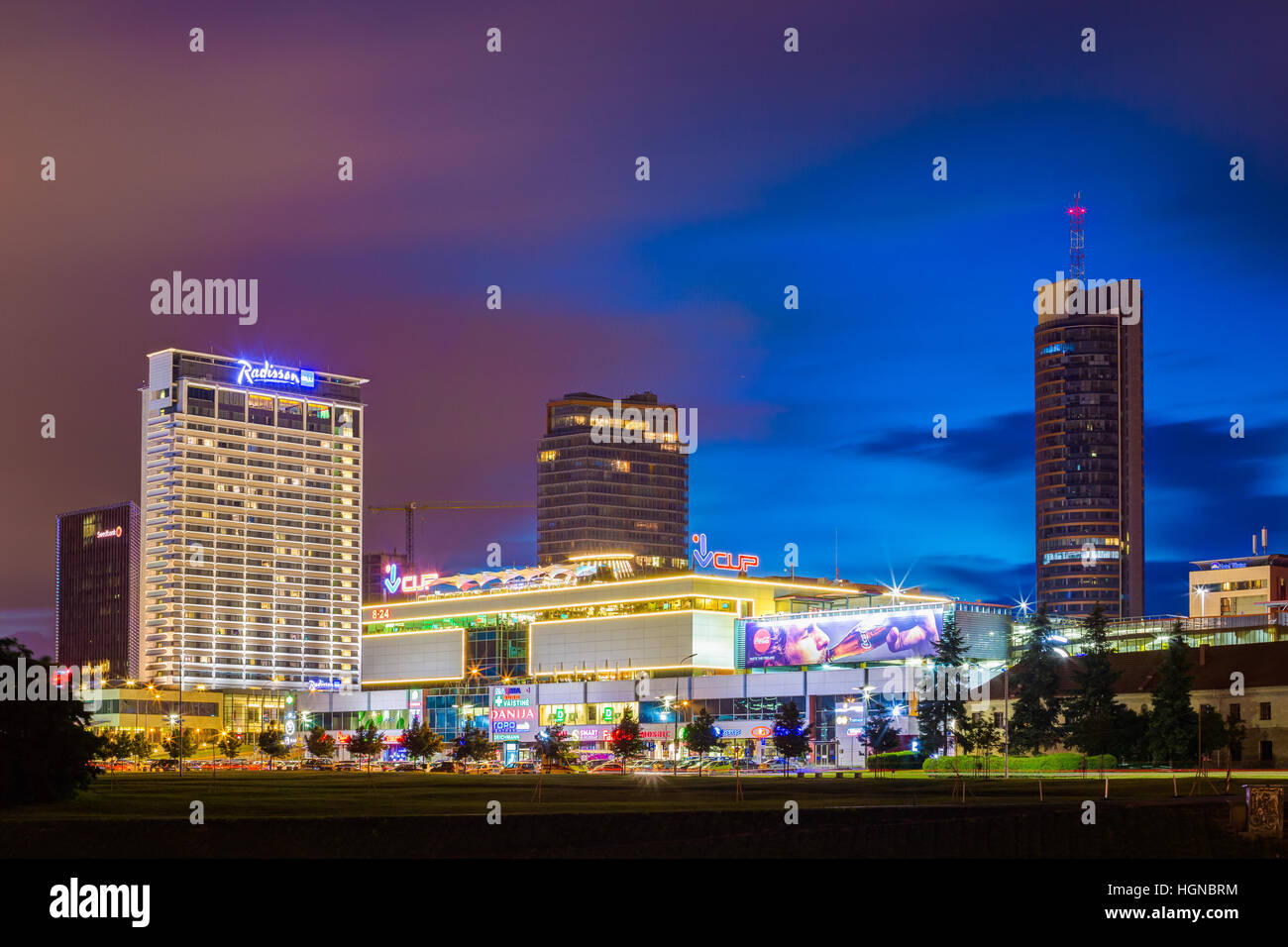 Vilnius, Lithuania - July 7, 2016: Night Evening View Of Radisson Blu Hotel and shopping centre Vilnius Central Department Store VCUP in Vilnius, Lith Stock Photo
