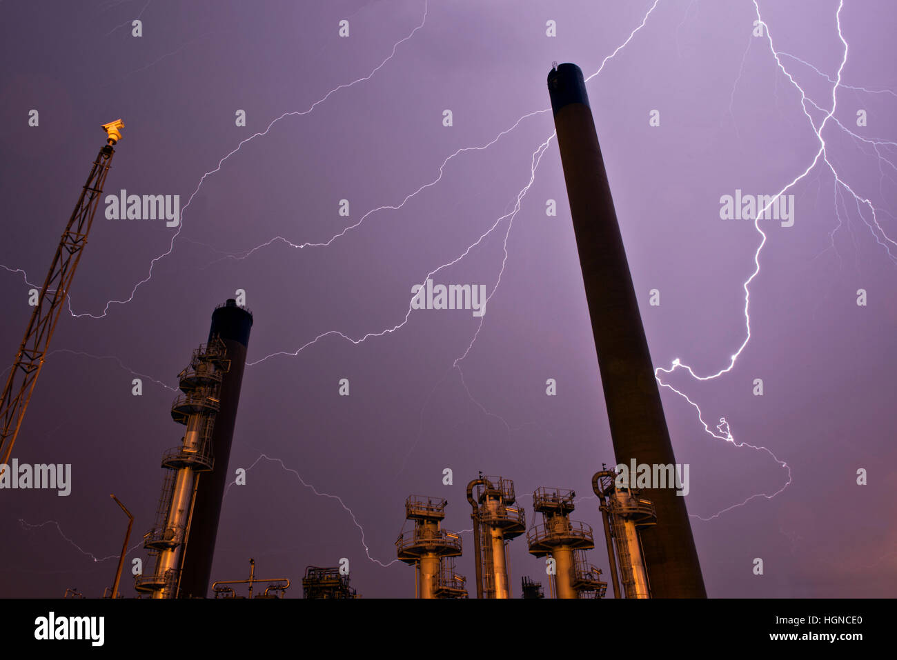 Thunder and lightning storm at the now demolished Coryton Refinery, Essex, UK Stock Photo