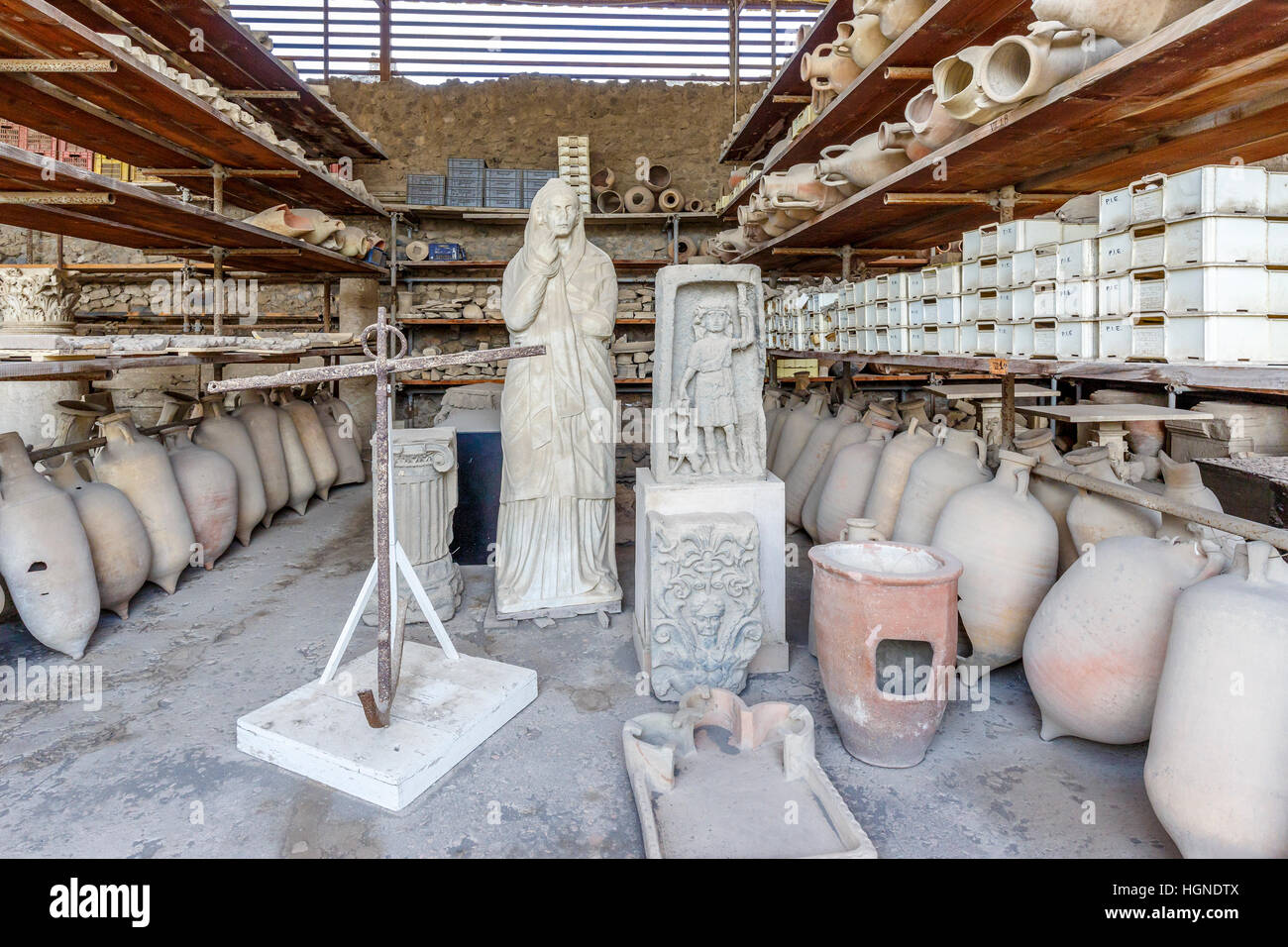 Storage facility for artifacts at the archaeological site of Pompeii, Campania, Southern Italy. UNESCO World Heritage Site. Stock Photo