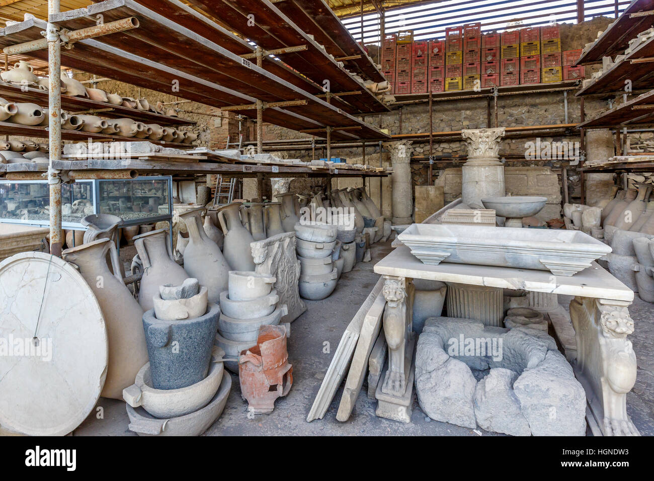 Storage facility for artifacts at the archaeological site of Pompeii, Campania, Southern Italy. UNESCO World Heritage Site. Stock Photo