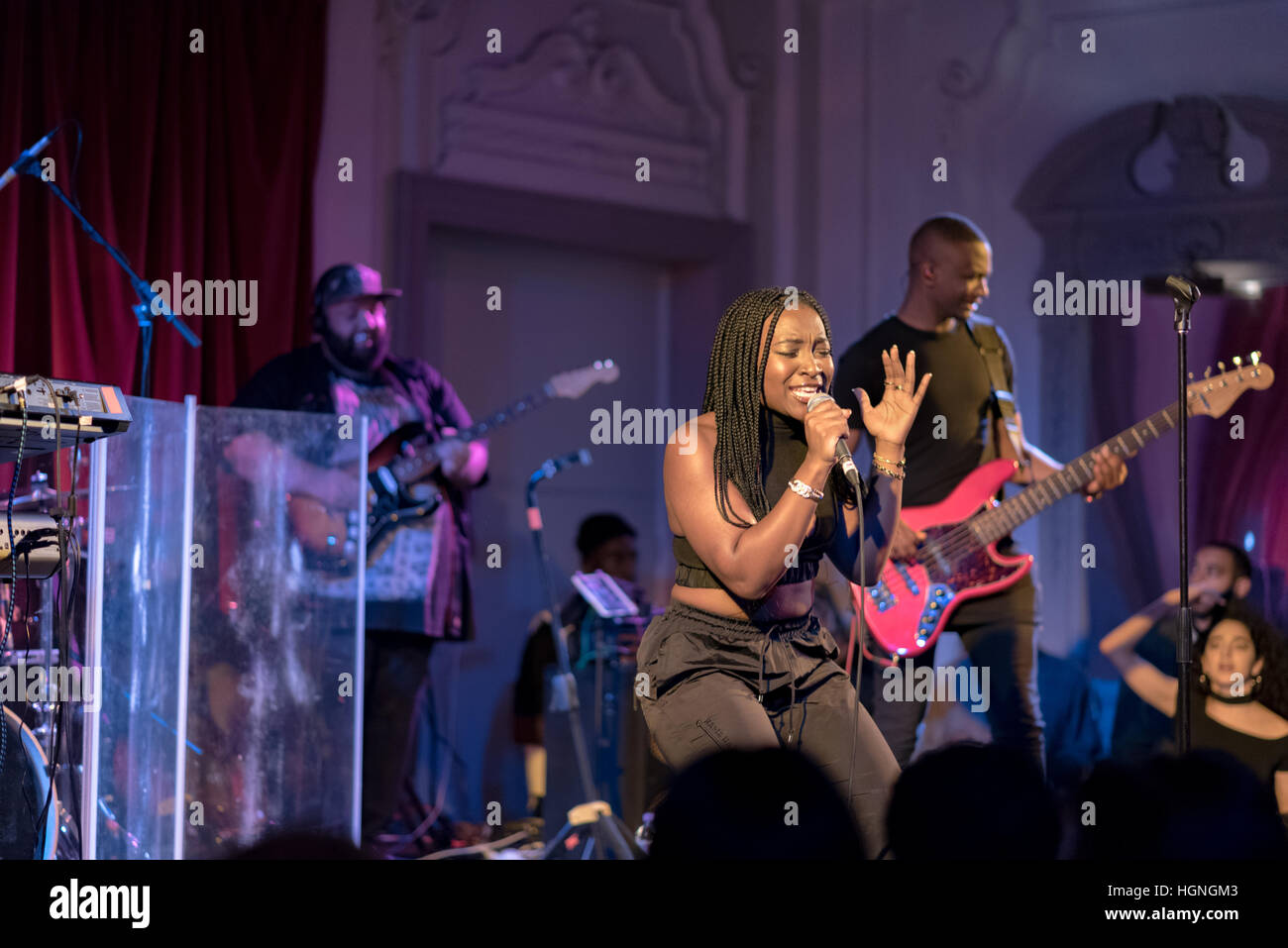 Ray BLK singing with her band at a live gig in London in 2016. Stock Photo