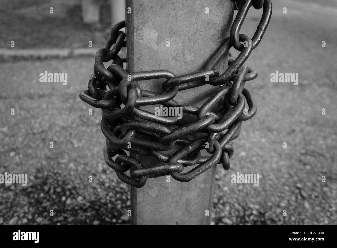 Close-up view of old rusty chain links. Stock Photo