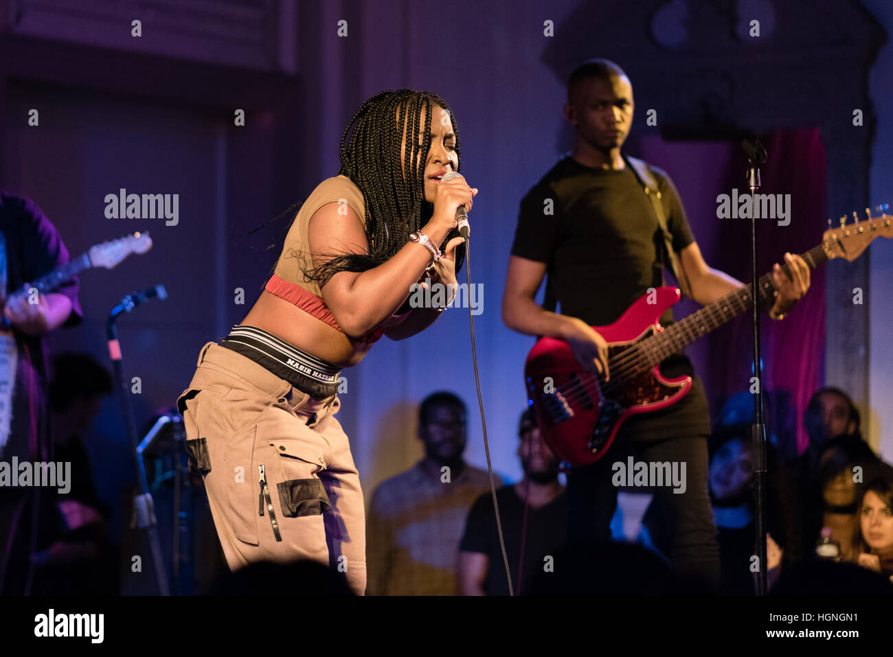 Ray BLK singing with her band at a live concert in London in 2016. Stock Photo