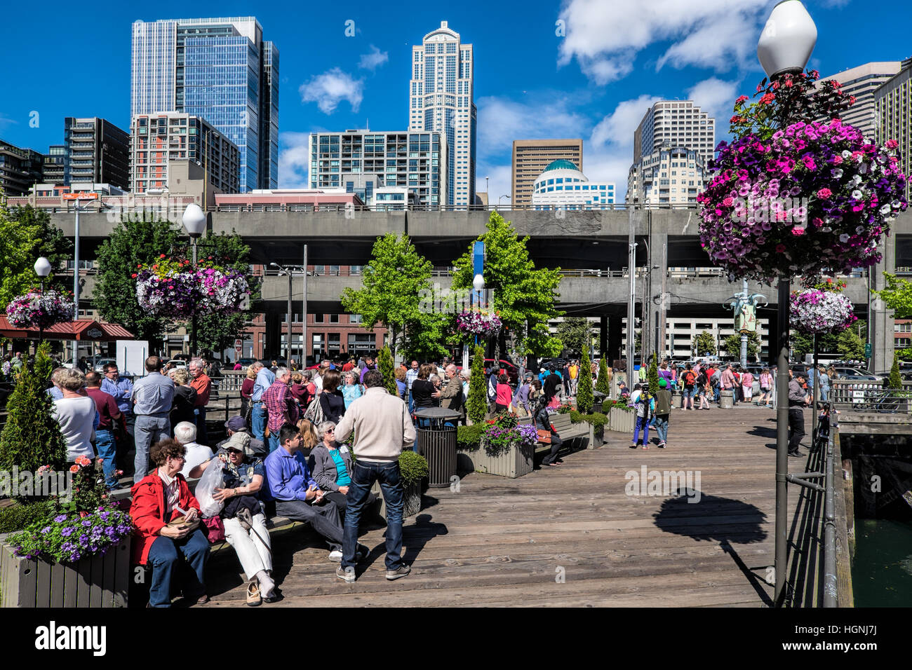 The waterfront in downtown Seattle, looks out towards Puget Sound
