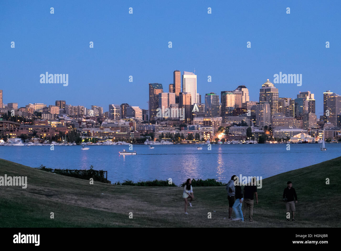 View of the Seattle skyline across Lake Union from Gasworks Park. Stock Photo