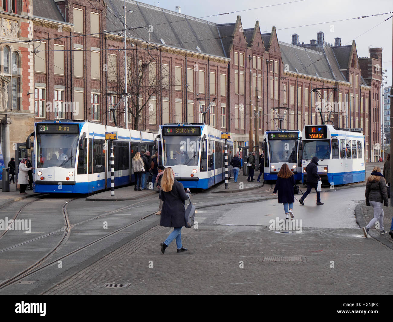 Trams in Amersterdam, Central, Netherlands, January 2017 Stock Photo