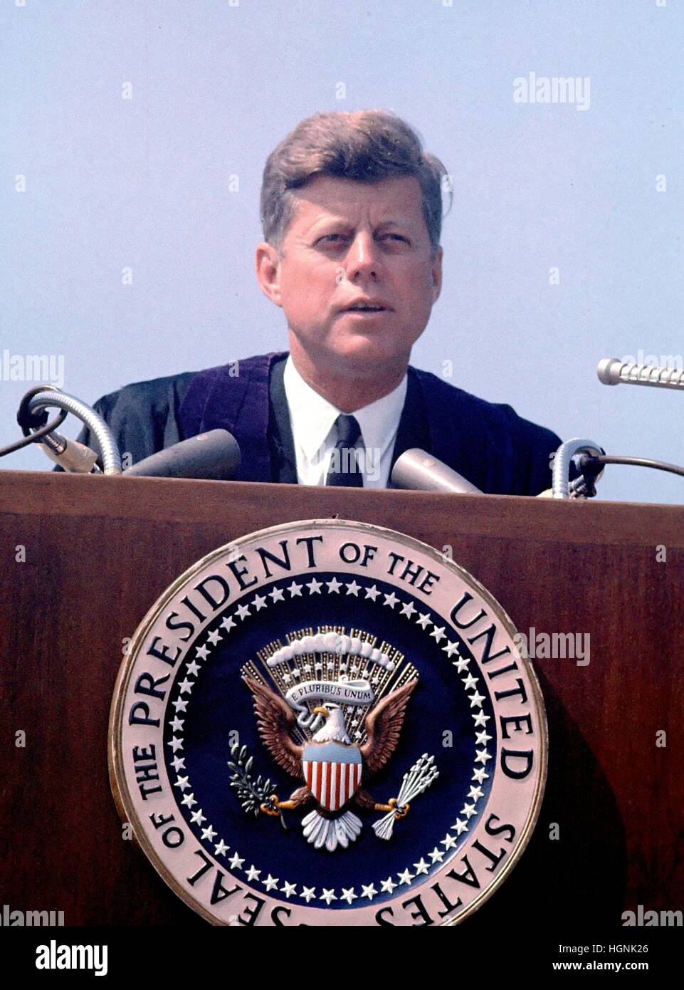 United States President John F. Kennedy speaks at the American University commencement in Washington, D.C. on June 10, 1963. This speech is known as Kennedy's 'Pax Americana' speech, where he outlined his vision for world peace. Stock Photo