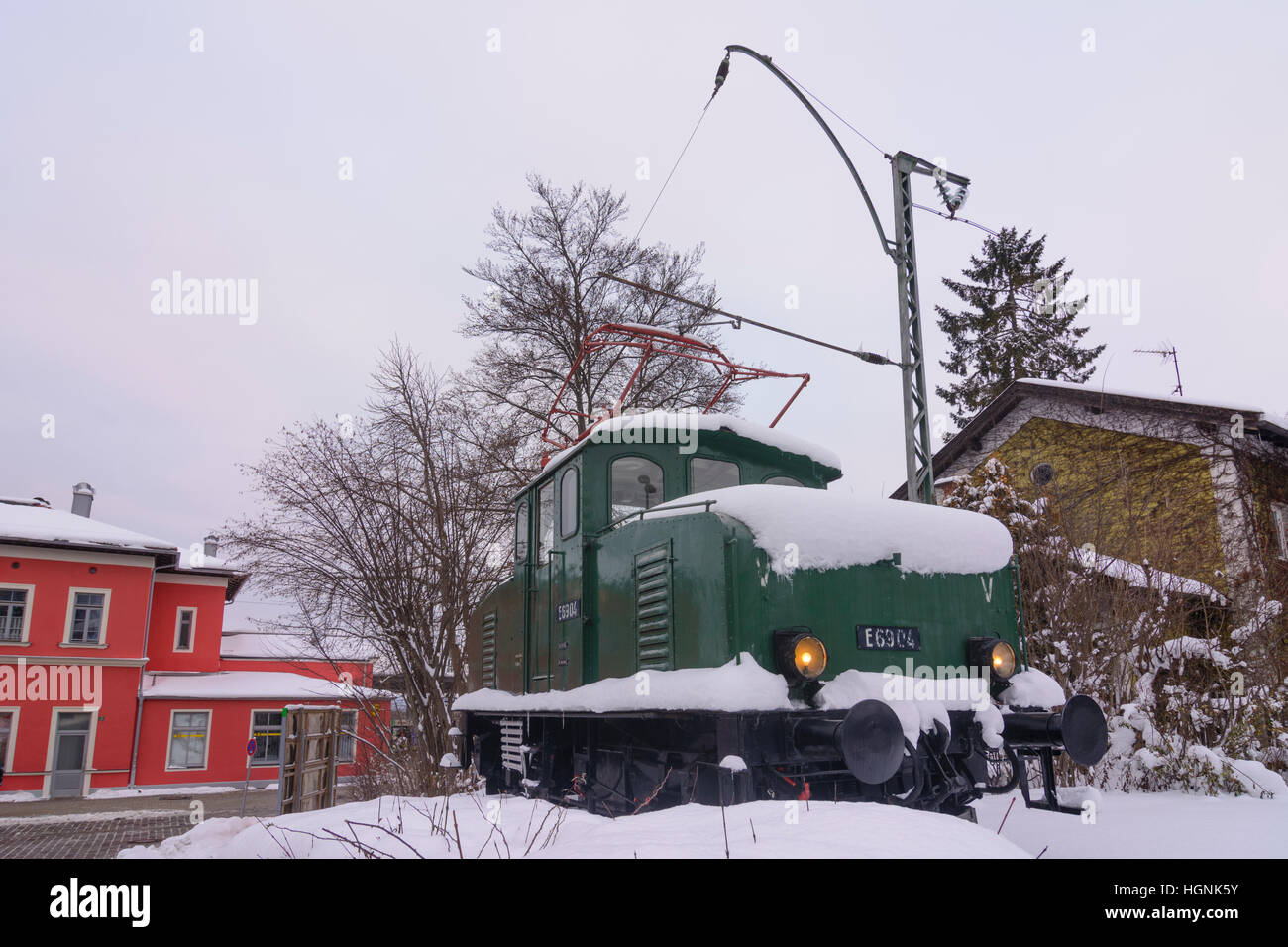 Murnau: historic electric locomotiv E 6904 in front of Murnau railway station, Oberbayern, Upper Bavaria, Bayern, Bavaria, Germany Stock Photo