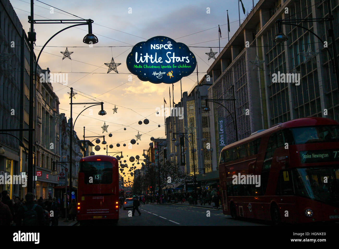 The Christmas lights on Oxford Street, London, at sunset. Where London