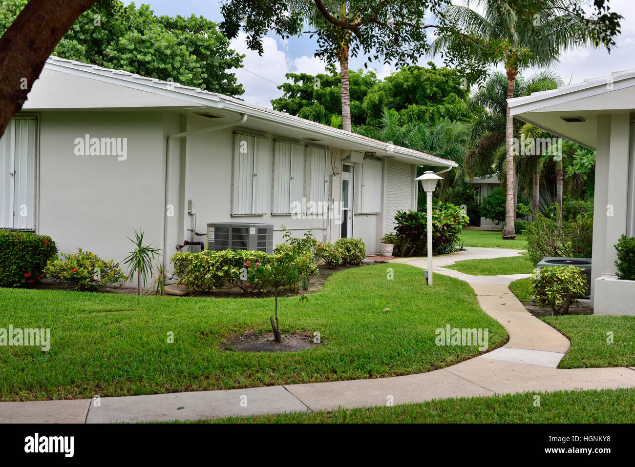 Coop residential housing Pompano Beach, Florida, storm shutters Stock Photo