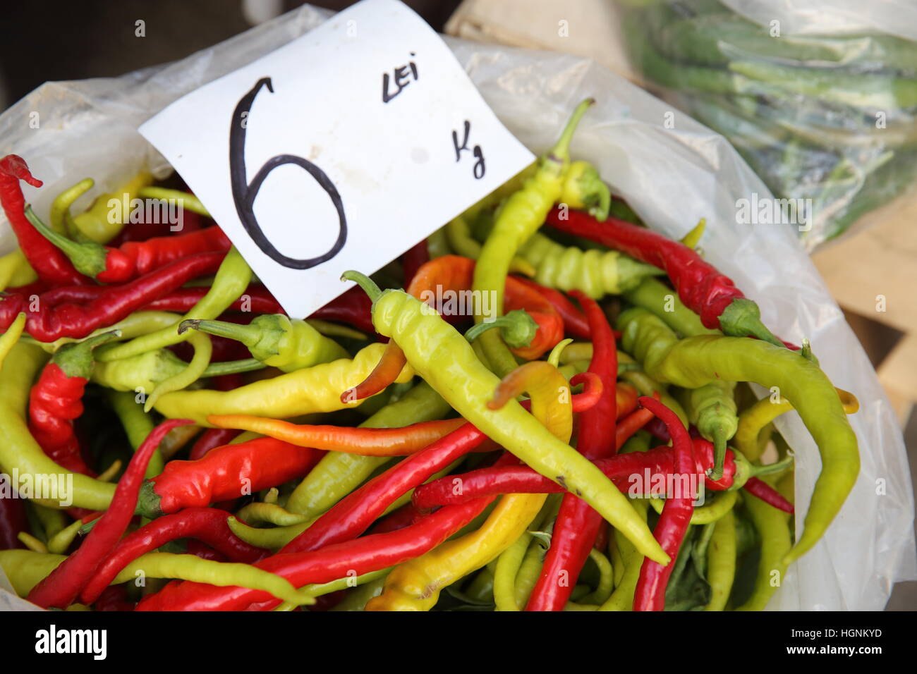Chillies for sale at the local fruit and vegetable market Piata Cibin