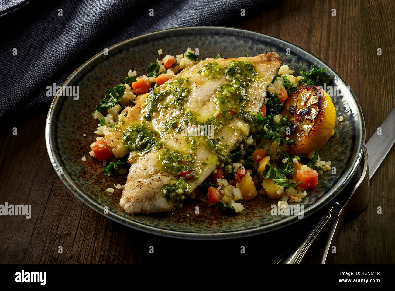 Sea bream and cauliflower rice Stock Photo