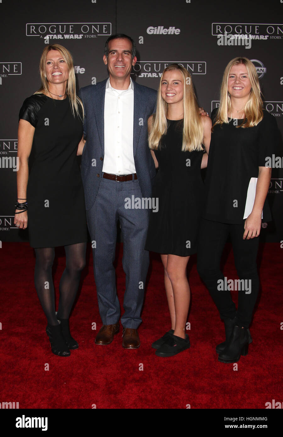 Eric Garcetti, Amy Wakeland and Maya Juanita Garcetti attending the premiere of Walt Disney Pictures and Lucasfilm's 'Rogue One: A Star Wars Story' at the Pantages Theatre in Hollywood, California.  Featuring: Eric Garcetti, Amy Wakeland, Maya Juanita Gar Stock Photo