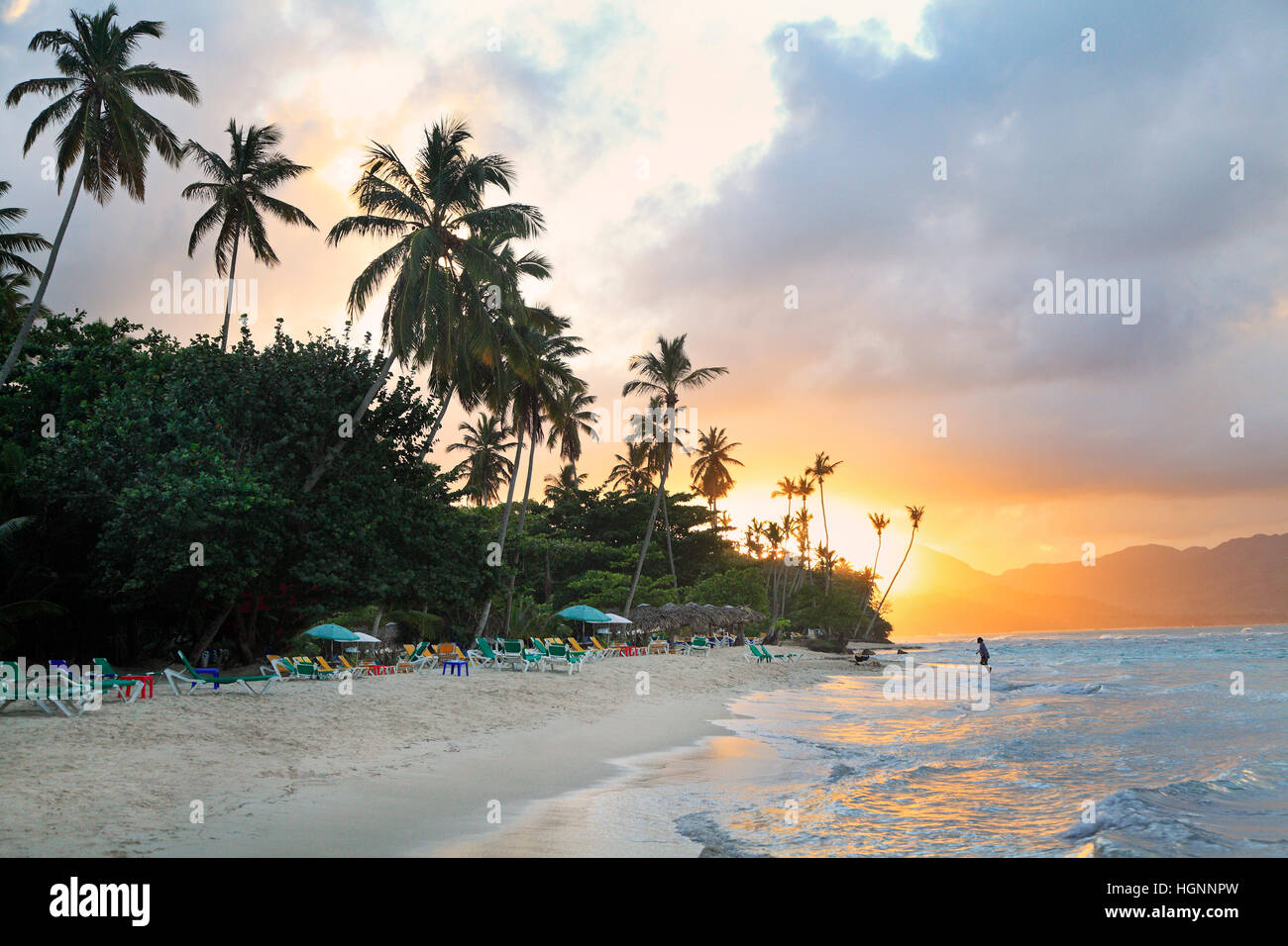 La Playta at sunset, tropical beautiful beach near Las Galeras village in Samana area, Dominican Republic Stock Photo