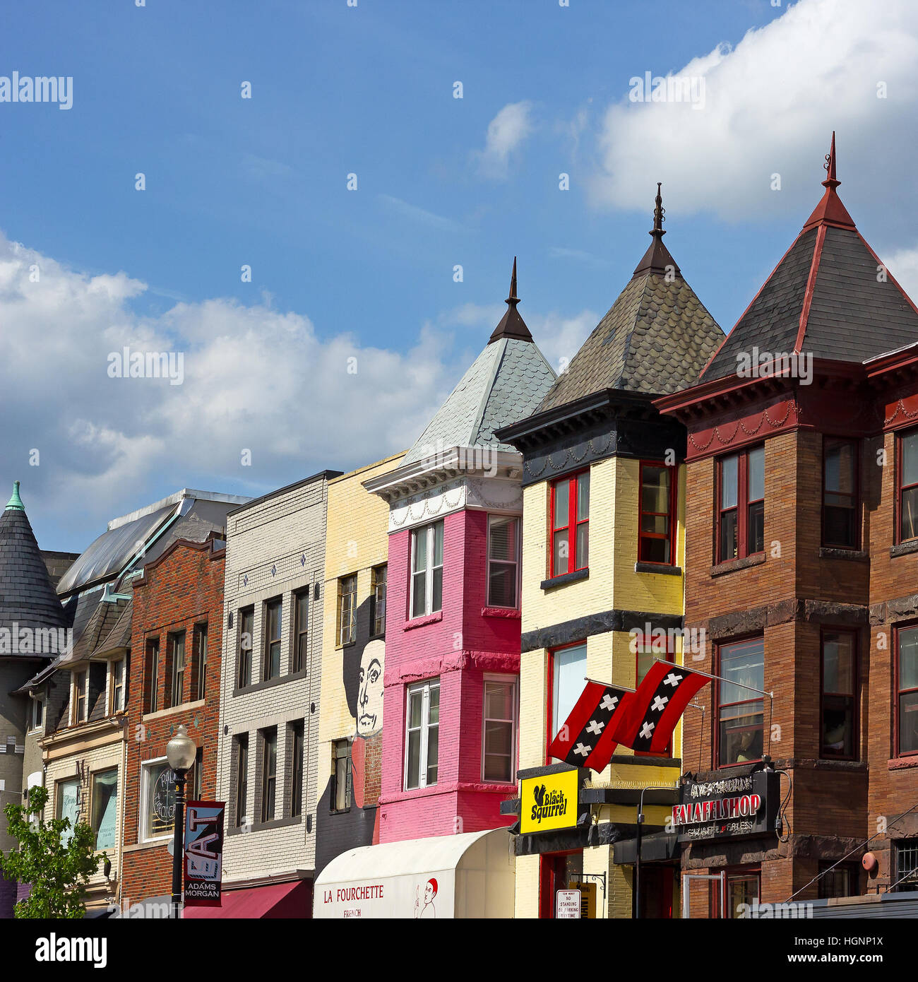 Buildings with popular restaurants in Adams Morgan neighborhood  in Washington DC. Stock Photo