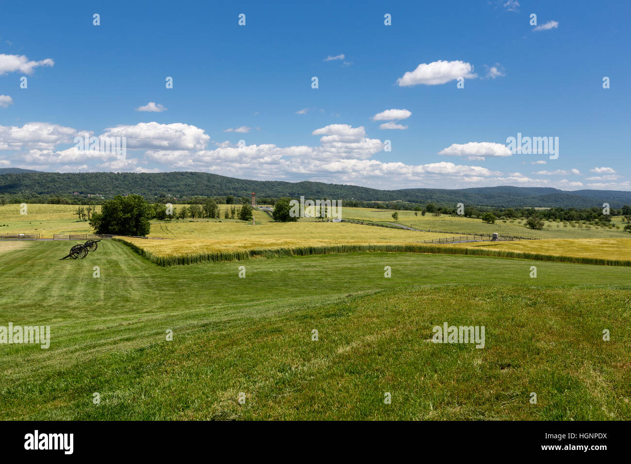 Antietam Battlefield, Maryland, looking Southeast toward Bloody Lane and Observation Tower in the distance. Stock Photo