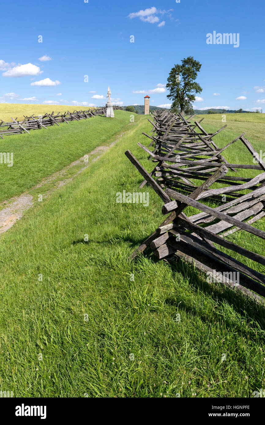 Antietam Battlefield, Maryland.  Sunken Road (Bloody Lane).  Observation Tower in Background. Stock Photo